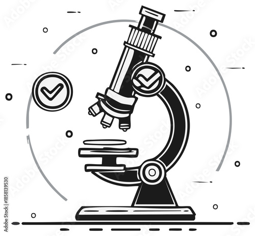 Microscope with checkmark symbols for accuracy in science, research, technology, and healthcare