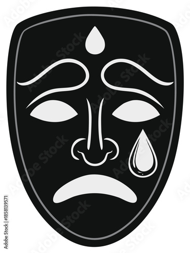 Black Sad Theater Mask with White Tears and Eyebrows Expressing Grief and Melancholy