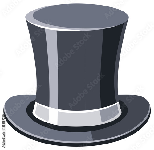 Cartoon illustration of a gray top hat with a white band.
