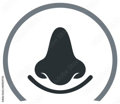 Nose illustration in a gray circle, symbol of smell or scent, nose health and medical concept, vector illustration