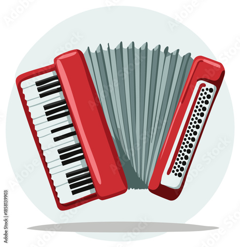 Cartoon illustration of a red accordion musical instrument.