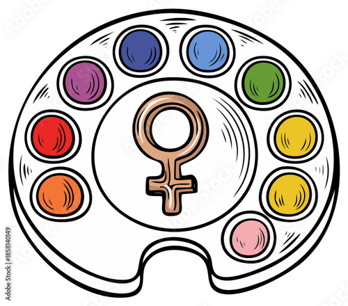 Illustration of a palette of colorful paints with the female gender symbol in the middle.