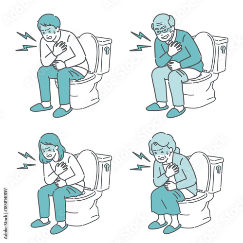 トイレでヒートショックを起こす人々のイラストセット（高齢者・若者・男女）