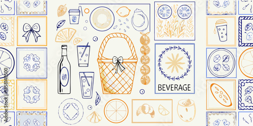 A colorful pattern of sketched picnic items and citrus fruit illustrations