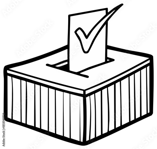 Hand drawn sketch of a ballot box with a checked paper inserted signifying a vote cast