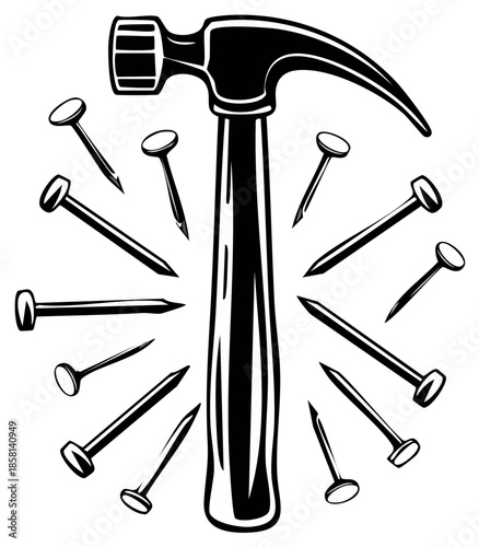 Hammer and Nails Illustration in Black and White