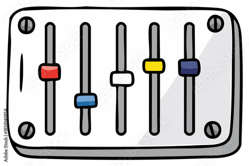 Audio mixing console with five sliders and colorful markers for sound adjustment