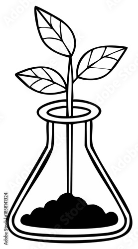 Small green plant growing inside a laboratory flask filled with soil representing science and nature growth