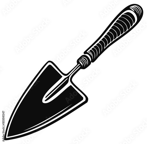 Gardening Trowel Illustration, Black and White Hand Tool, Planting Implement, Digging, Small Shovel