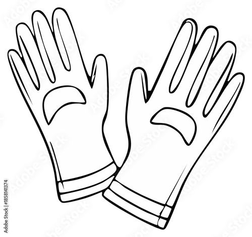 Pair of protective work gloves hand drawn vector line art illustration. Garden or construction safety gloves with cuff detail.