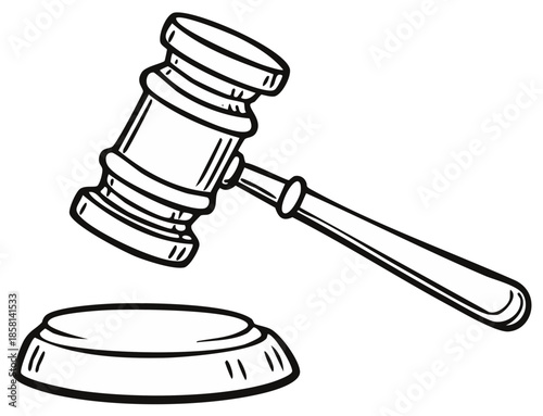 Black and white illustration of gavel and sound block, justice and law