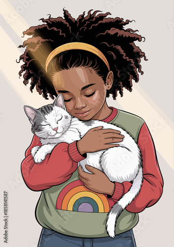 A young girl gently holds and cuddles her white cat, radiating warmth and affection, representing the deep bond between humans and their beloved pets.