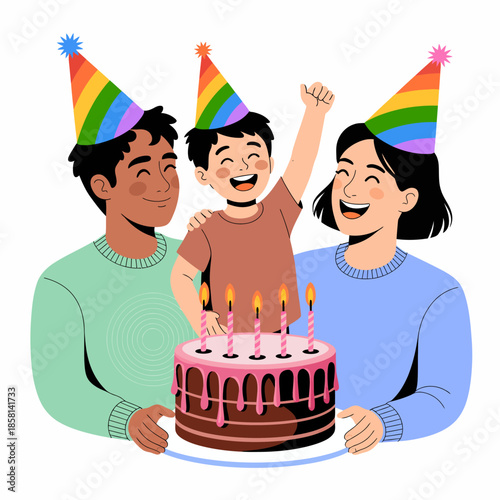 A vibrant illustration of a joyous family celebrating a child's birthday with a cake, portraying love, happiness, and togetherness in a festive atmosphere.