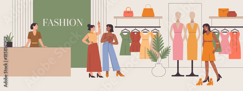 This stylish illustration captures a vibrant fashion store interior, showcasing a diverse range of chic clothing and accessories while fostering a sense of modern elegance and style.