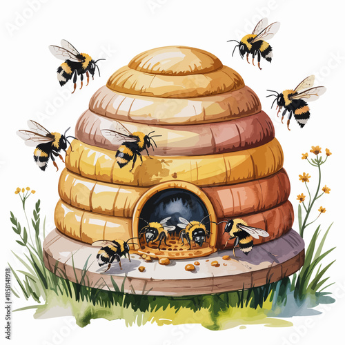 A vibrant beehive surrounded by buzzing bees, illustrating the important role of pollinators in nature and the beauty of the ecosystem in a bright and lively illustration.