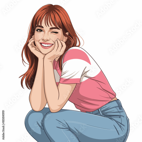 A cheerful girl winking while sitting, dressed in a stylish casual outfit, representing joy and confidence, suitable for fashion-related themes and social media content.
