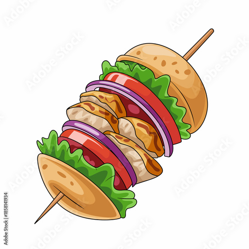 An appetizing illustration showcases a towering burger skewer filled with crispy chicken, fresh veggies, and vibrant colors, enticing food lovers with its visual appeal and taste.