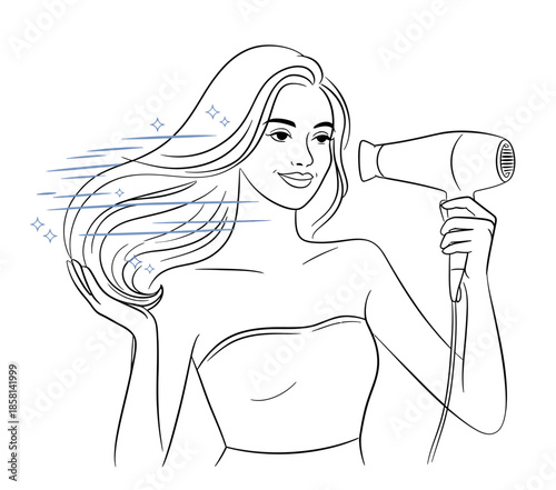 An illustration of a woman using a blow dryer to style her hair, showcasing care and attention to personal grooming and beauty routines.