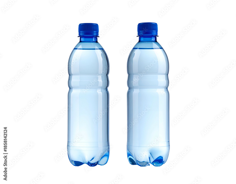 Naklejka premium Two transparent bottles filled with clear liquid and blue caps