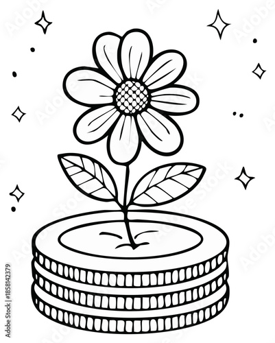 Hand-drawn illustration of a flower growing from a stack of coins, symbolizing financial growth and prosperity