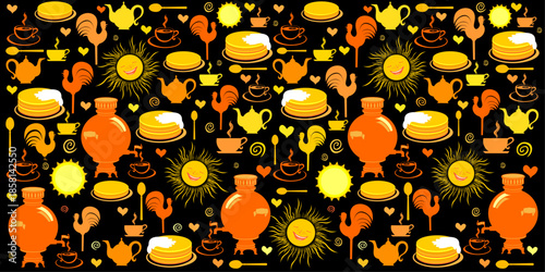 Holiday Shrovetide. Russian folk festivities. The symbols of the holiday is pancakes and sun. Great Russian holiday. Good for textile fabric design, wrapping paper, website wallpapers, textile. Perfec