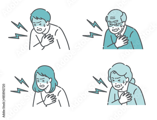 胸を押さえて苦しむ人々のイラストセット（高齢者・若者・男女／心臓発作・胸痛）