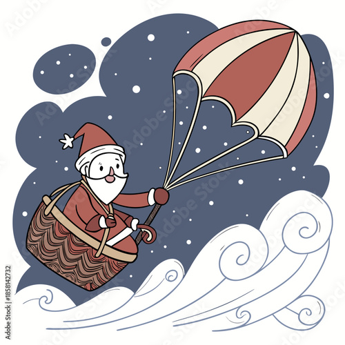 a whimsical illustration depicts santa claus descending from the sky in a striped parachute and wicker basket