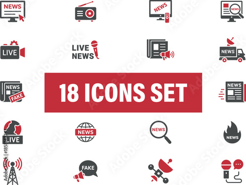 News-Media icons set. Including Broadcasting, Reporting, journalism, broadcast, report, 
media coverage and more. Solid vector icons set