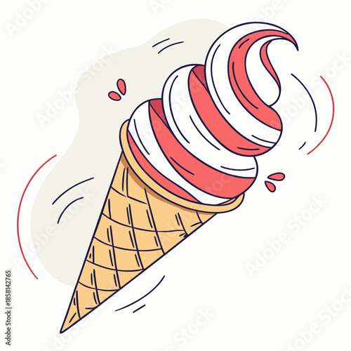 A delightfully illustrated image showcases a swirling dual colored soft serve ice cream cone depicting summertime sweetness and indulgence