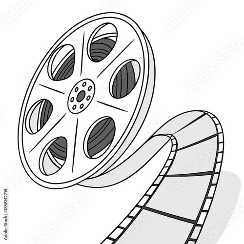 a detailed illustration of a film reel with visible sprocket holes and a trailing strip of celluloid film