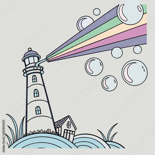 A whimsical illustration depicts a lighthouse beaming vibrant colorful bubbles into the air set against a serene coastal landscape