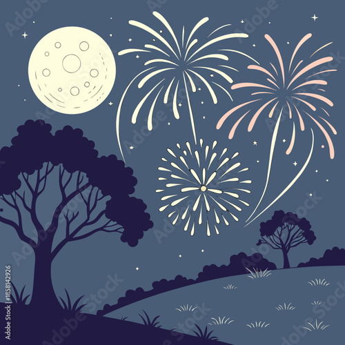 A picturesque nighttime scene displays a full moon and vibrant fireworks exploding above silhouetted trees and rolling hills
