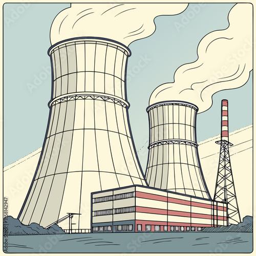 An illustrative depiction of a nuclear power plant with cooling towers releasing steam and prominent industrial structures shown
