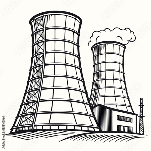 A detailed black and white illustration depicts two cooling towers with billowing smoke representing industrial power generation and energy