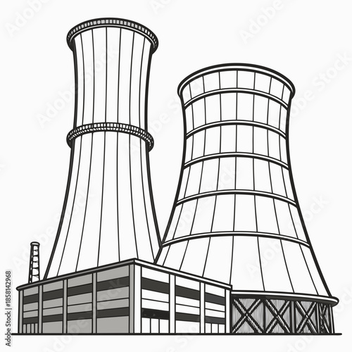 A detailed illustration showcases two large industrial cooling towers alongside a supporting building structure rendered in black and white