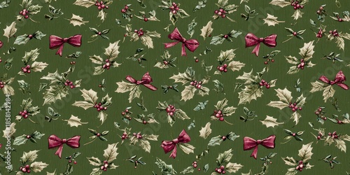 Christmas Themed Seamless Pattern Featuring Holly Berries and Red Bows on a Green Background Perfect for Festive Designs