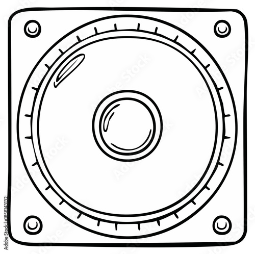 Square Speaker Outline Drawing: Simple Speaker Sketch with Circular Shape and Corner Elements