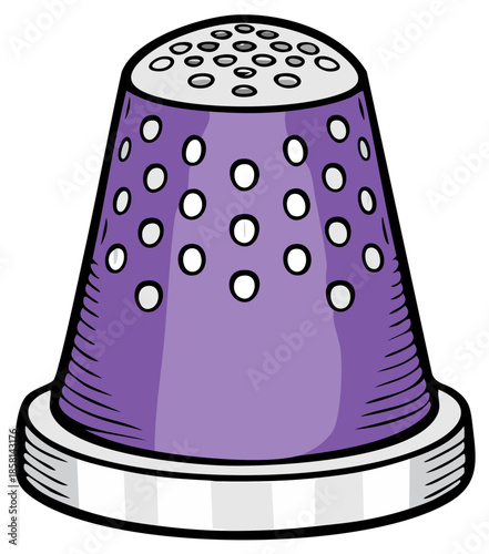 Illustration of a purple thimble with white polka dots and a white base