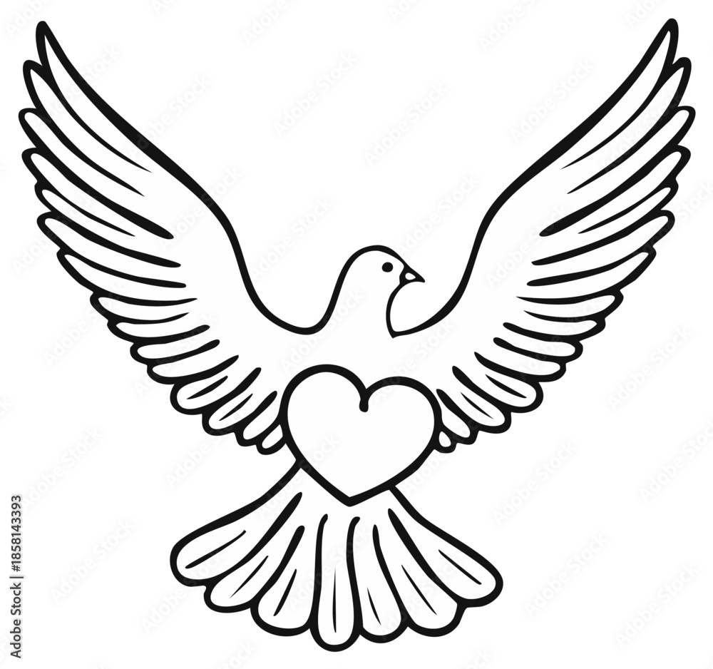 Obraz premium Outline Dove with Heart Symbol Wing Spread Peaceful Expression Graphic Element