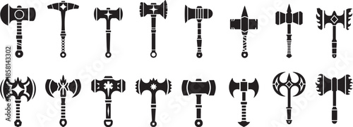 Different fantasy war hammer silhouettes collection, Different types of axes, simple graphic collection, Vector illustration for banner, post card, invitation, flyer.