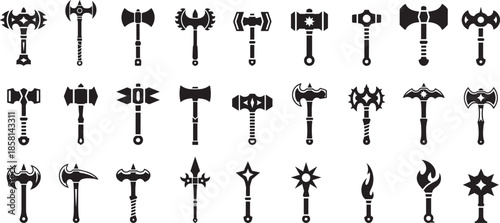 Different fantasy war hammer silhouettes collection, Different types of axes, simple graphic collection, Vector illustration for banner, post card, invitation, flyer.