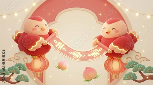 Festive Greetings with Charming Birds for New Year Celebration