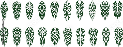 Different tribal tattoo silhouette collection, Polynesian or Maori aesthetics but rendered in a modern, abstract tribal style, simple graphic collection, Vector illustration. 