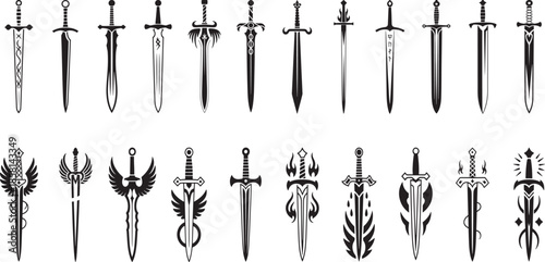 Different stylized swords silhouette collection, unique decorative elements, simple graphic collection, Vector illustration. 
