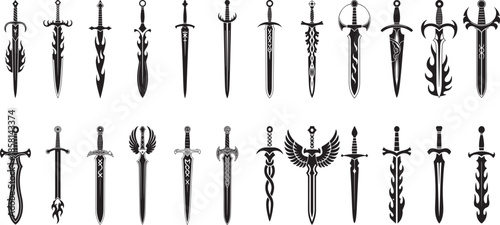 Different stylized swords silhouette collection, unique decorative elements, simple graphic collection, Vector illustration. 