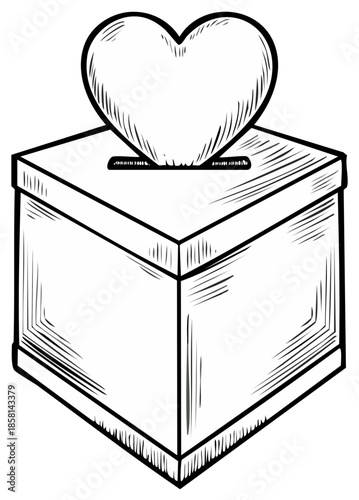 Hand drawn sketch of a donation box with a heart symbol emerging from the top slot