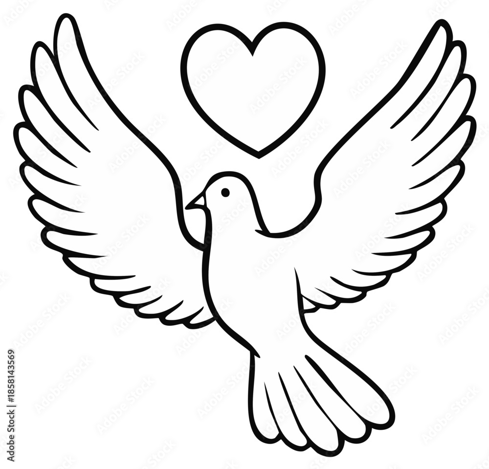 Fototapeta premium Outline of a dove with open wings carrying a heart symbol above