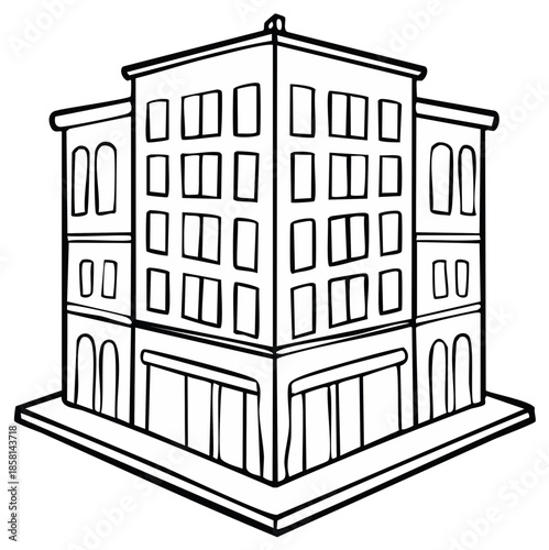 Cartoon Building Outline: Corner Perspective for Educational Materials and Coloring Books
