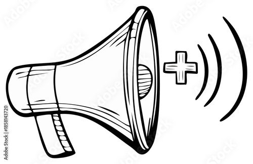 Hand-drawn illustration of a megaphone with sound waves and a plus symbol, symbolizing announcement, alert, or promotion.