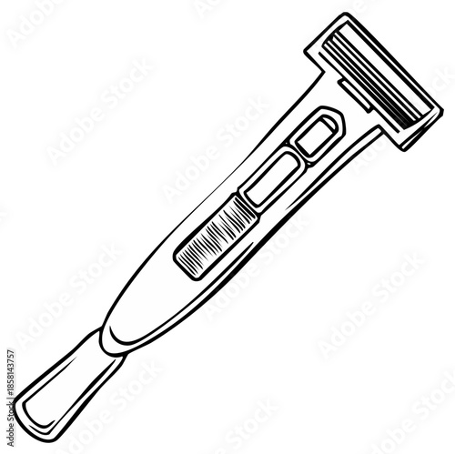 Hand-drawn illustration of a modern razor with ergonomic handle for personal grooming